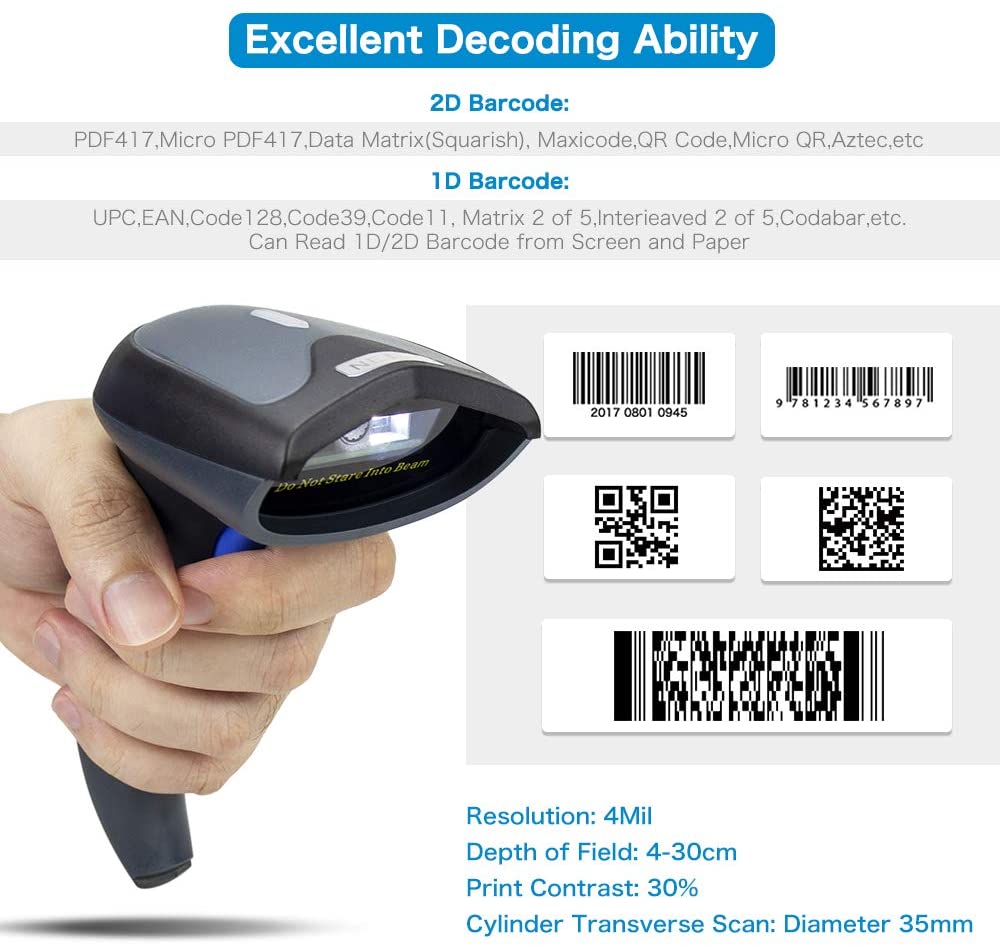 NetumScan L8S Wireless QR Barcode Scanner, 2.4G Wireless USB Automatic 2D  Bar Code Reader with Hands Free Adjustable Stand for Laptop or Computer PC