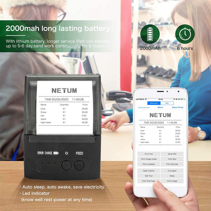 NETUM Tragbarer 58-mm-Bluetooth-Thermo-Belegdrucker, unterstützt Android/IOS USB-Thermodrucker für POS-System NT-1809 