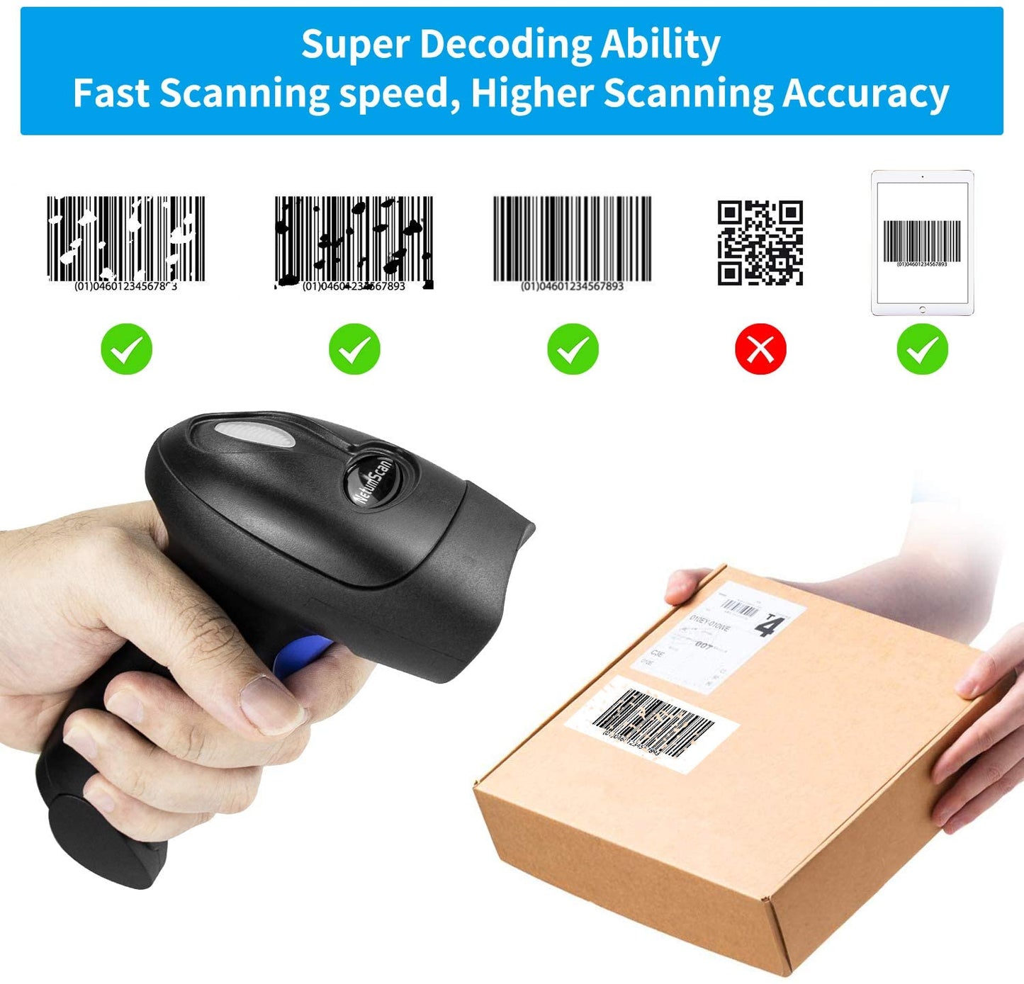 NetumScan L6S Kabelloser 1D-Barcode-Scanner, tragbarer kabelgebundener und kabelloser 2,4-G-CCD-Barcode-Scanner mit freihändig verstellbarem Ständer für Laptop oder PC