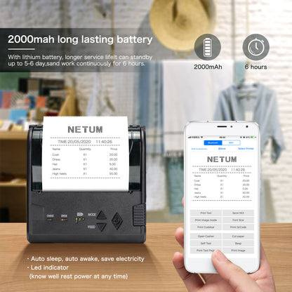 NETUM NT-8003DD Wireless Bluetooth Thermal Receipt Printer Portable 58mm Bill Printer Compatible with Android/iOS/PC/Windows ESC/POS