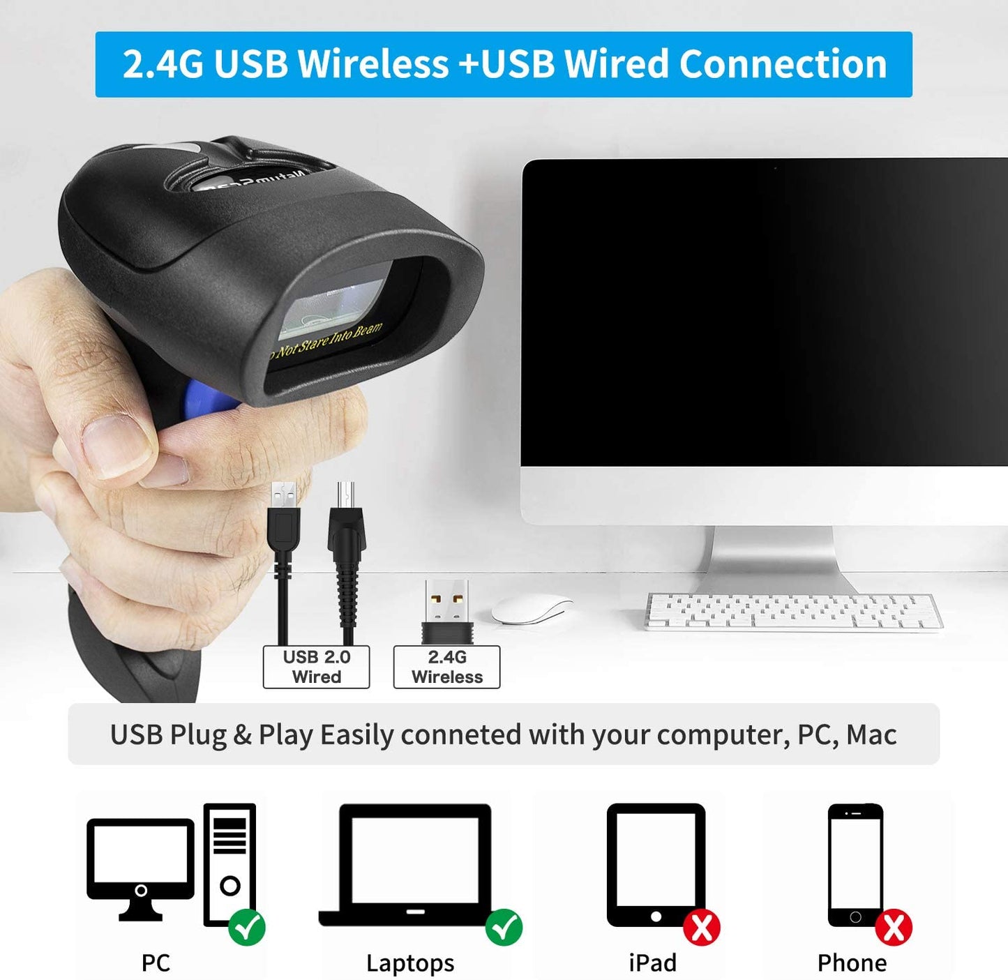 NetumScan L8S Kabelloser QR-Barcode-Scanner, 2,4 G kabelloser USB-Automatischer 2D-Barcode-Leser mit freihändig verstellbarem Ständer für Laptop oder Computer-PC