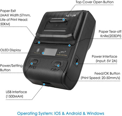 NETUM NT-G5 Portable Wireless Bluetooth Thermal Label Printer for Clothing, Jewelry, Retail, Mailing, Barcode etc, Compatible with Android/iOS/PC/Windows