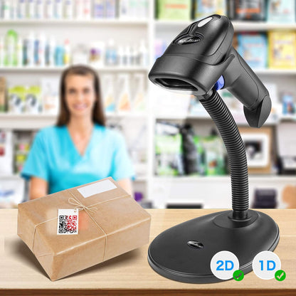 NetumScan L8S Kabelloser QR-Barcode-Scanner, 2,4 G kabelloser USB-Automatischer 2D-Barcode-Leser mit freihändig verstellbarem Ständer für Laptop oder Computer-PC