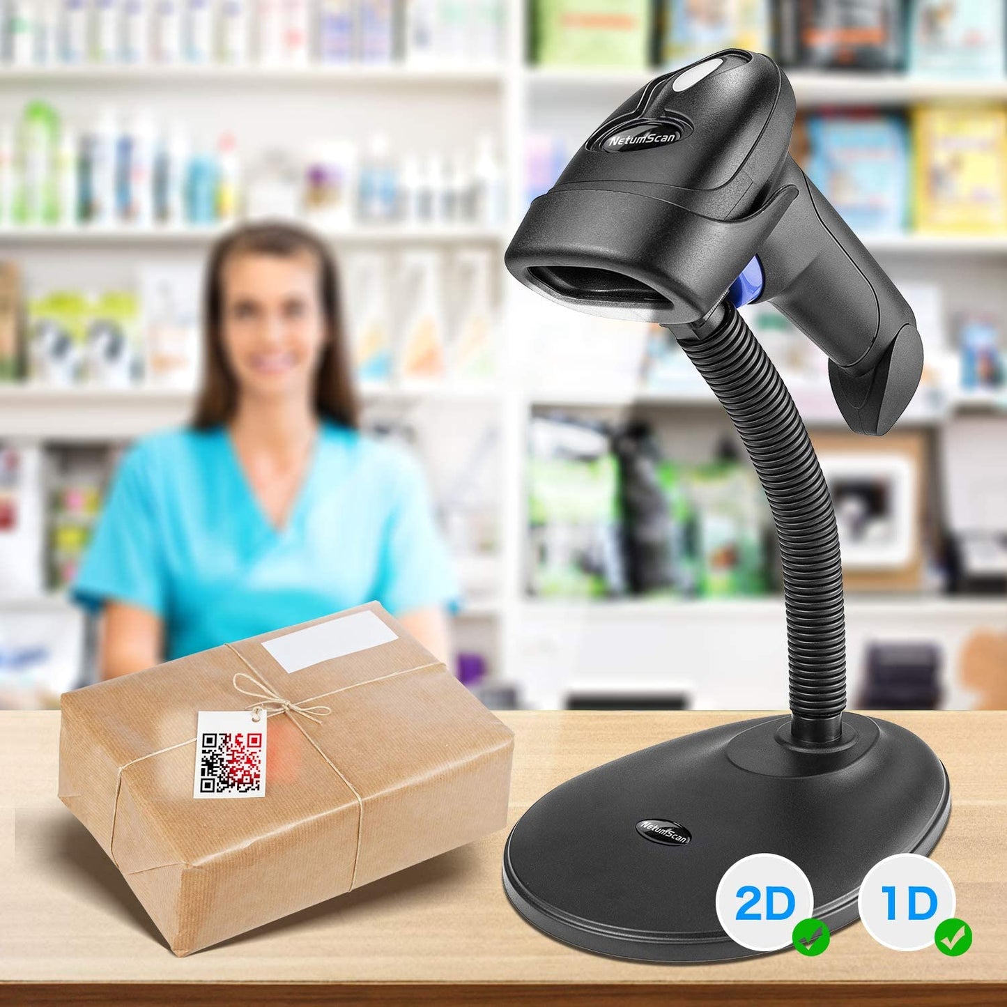 NetumScan L6S Kabelloser 1D-Barcode-Scanner, tragbarer kabelgebundener und kabelloser 2,4-G-CCD-Barcode-Scanner mit freihändig verstellbarem Ständer für Laptop oder PC