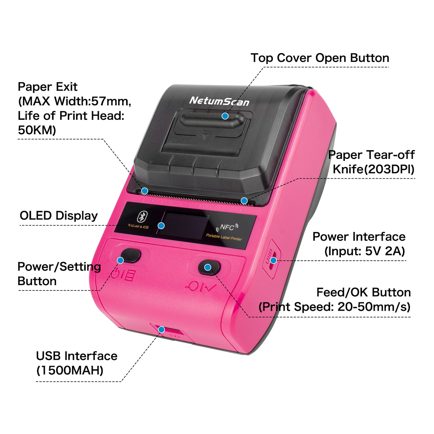 NetumScan G5 Tragbarer Bluetooth-Etikettendrucker, kabelloser USB-Thermo-Etikettendrucker, kompatibel mit Android- und iOS-Systemen, einfach zu verwendende Büro- und Heimorganisation, wiederaufladbar über USB, Rosenrot 