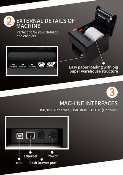 NETUM 80 mm Thermo-Belegdrucker, automatischer Schneider, Restaurant, Küche, POS-Drucker, USB, seriell, LAN, Bluetooth, NT-8360