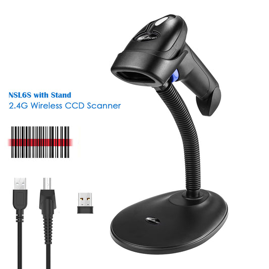 NetumScan L6S Kabelloser 1D-Barcode-Scanner, tragbarer kabelgebundener und kabelloser 2,4-G-CCD-Barcode-Scanner mit freihändig verstellbarem Ständer für Laptop oder PC